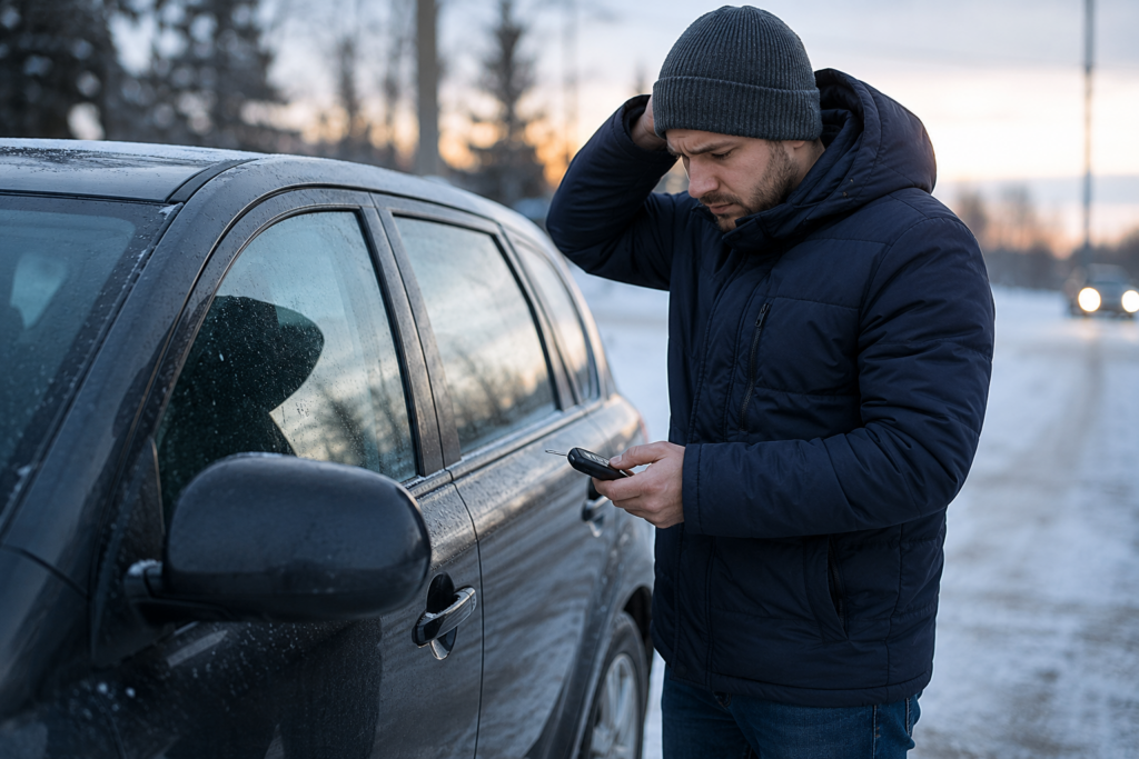 Водитель пытается открыть автомобиль брелоком после разрядки аккумулятора, сел аккумулятор